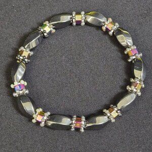 Magnetic Hematite Bracelet Rainbow Cube Accents Silver Tone Stretch 7"